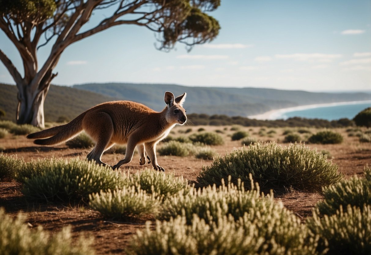 A kangaroo hops across the vast, open plains of Kangaroo Island, while a koala sleeps in a eucalyptus tree. In the distance, a group of playful sea lions frolic along the pristine coastline