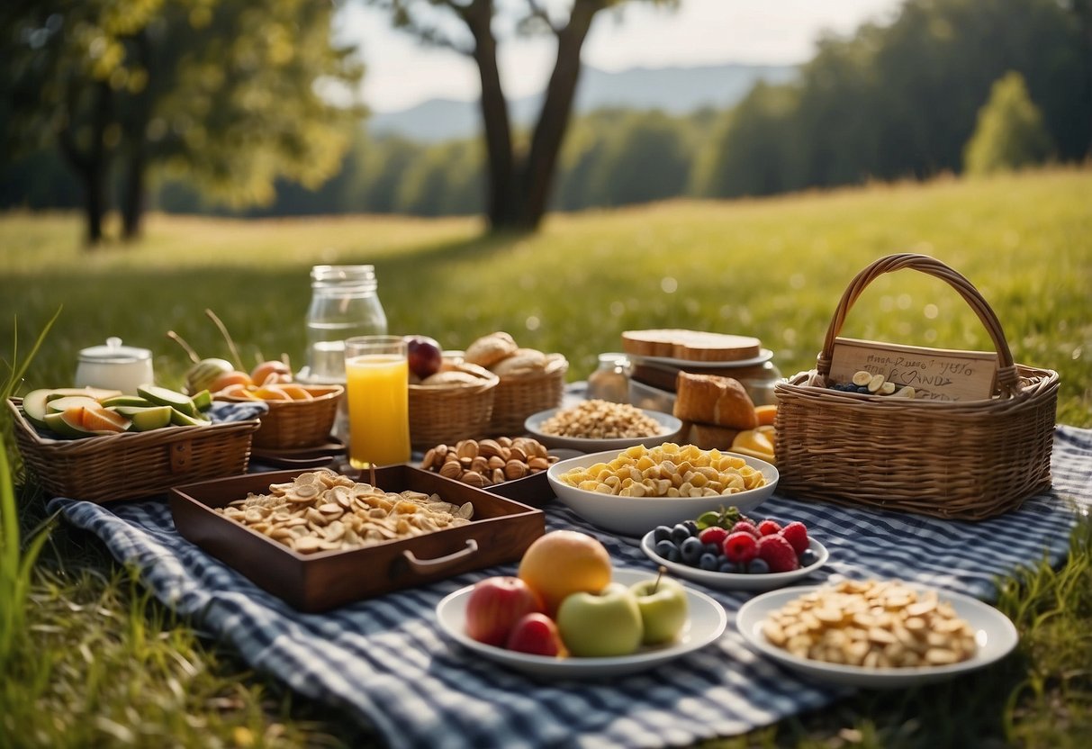 Wildlife watching trip scene: A picnic blanket surrounded by trees, with a variety of lightweight and nutritious meals spread out, such as fruits, nuts, sandwiches, and granola bars