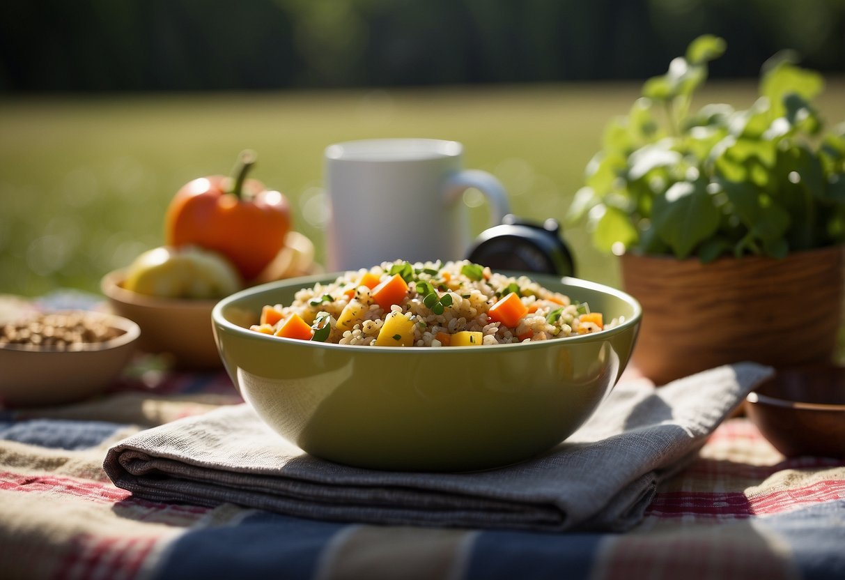 A colorful bowl of vegetable quinoa salad sits on a picnic blanket surrounded by binoculars and a field guide. Nearby, a bird feeder attracts wildlife