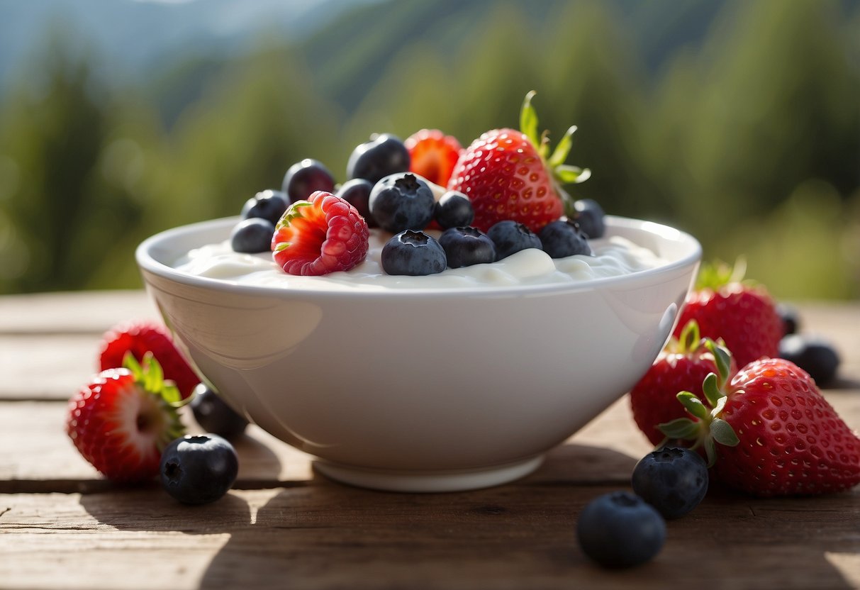 A bowl of Greek yogurt topped with fresh berries sits on a wooden table amidst a backdrop of nature