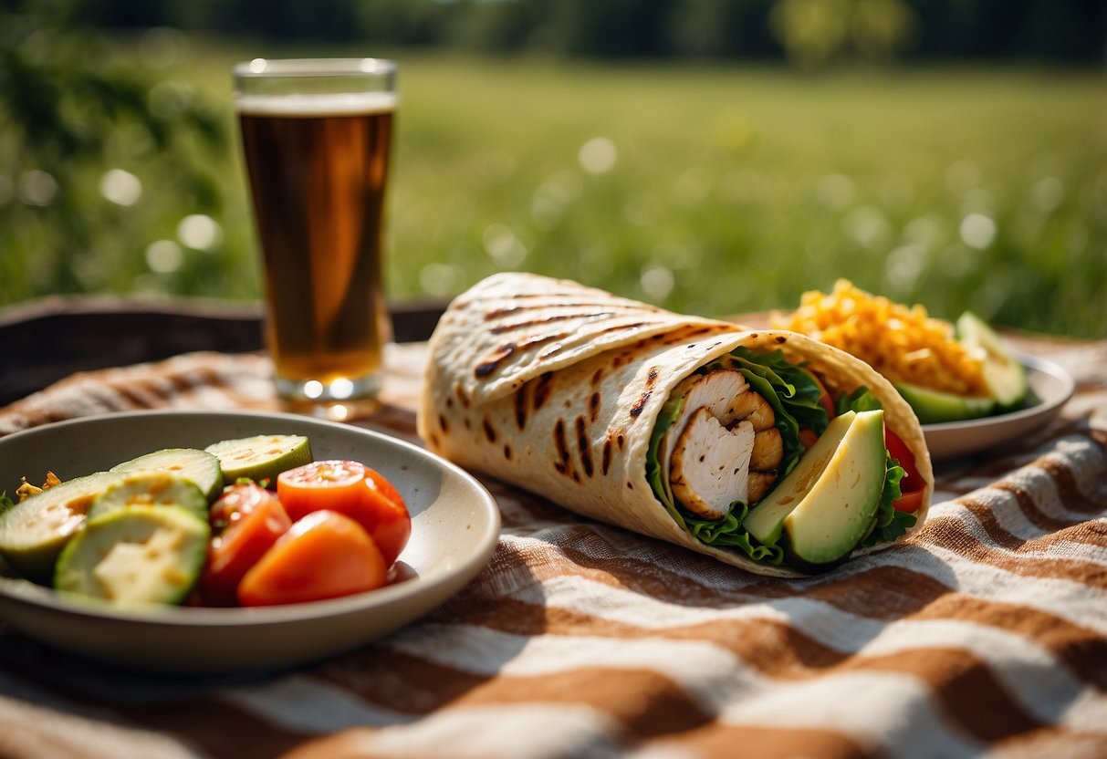 A grilled chicken and avocado wrap sits on a picnic blanket surrounded by binoculars and a field guide, with a backdrop of trees and wildlife