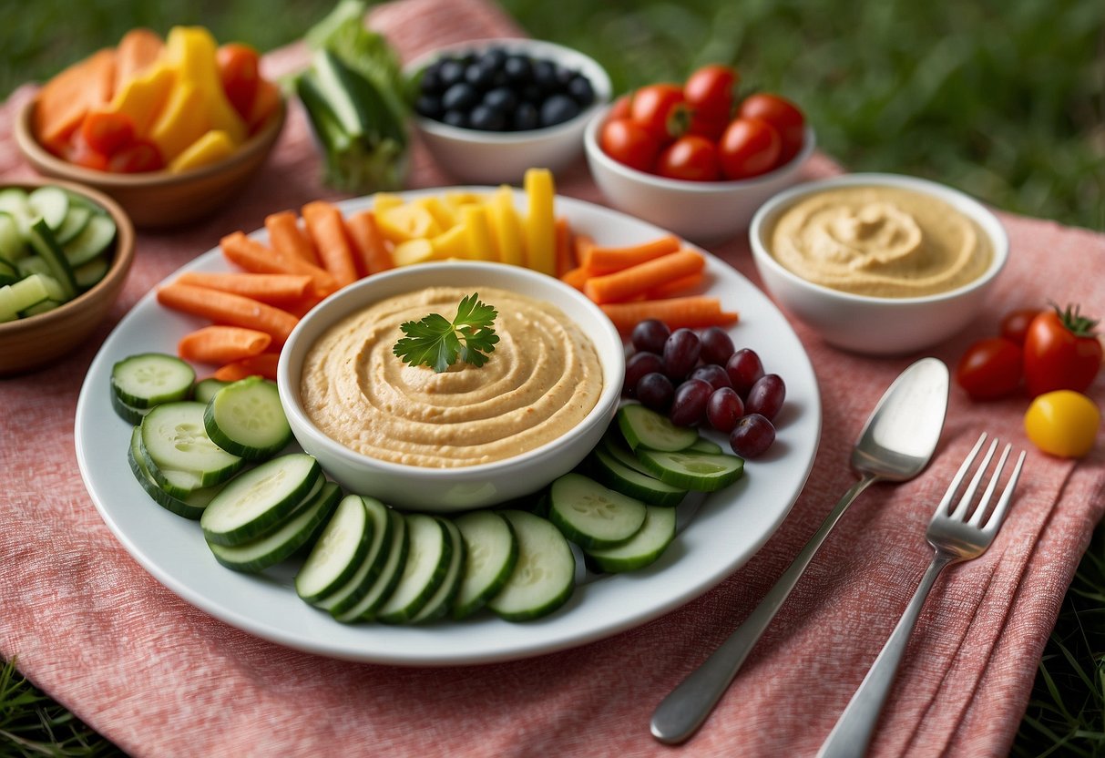 A plate of hummus surrounded by colorful veggie sticks on a picnic blanket in a lush, natural setting