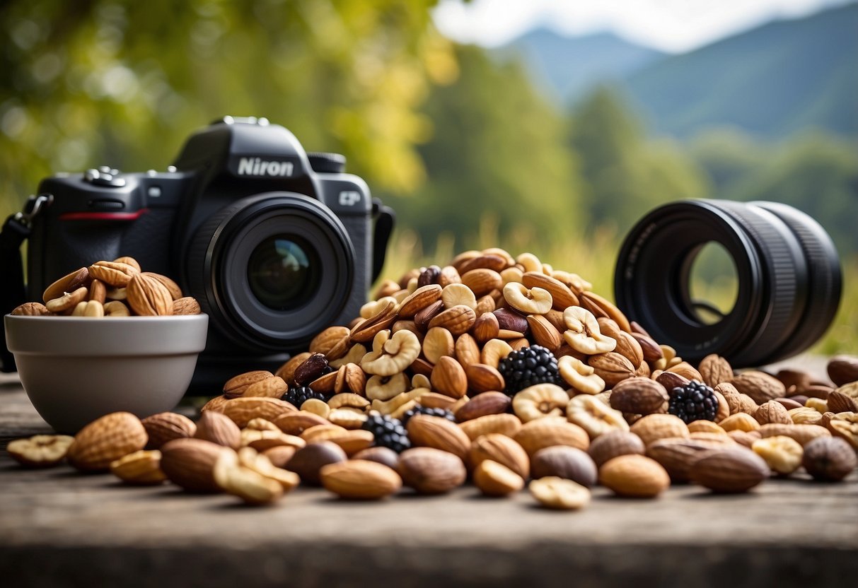 A pile of mixed nuts and dried fruit arranged on a flat surface, with a backdrop of nature and wildlife watching gear nearby