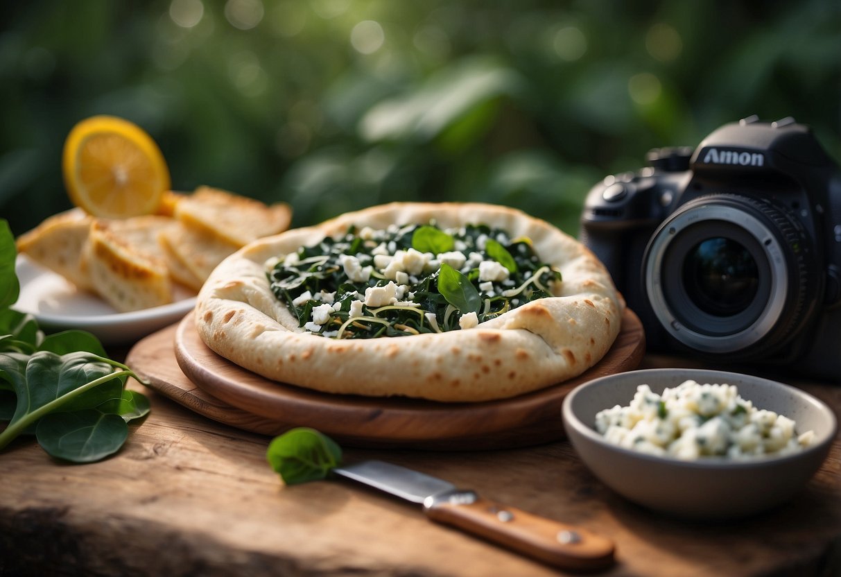 A pita bread filled with spinach and feta, surrounded by nature and wildlife watching gear