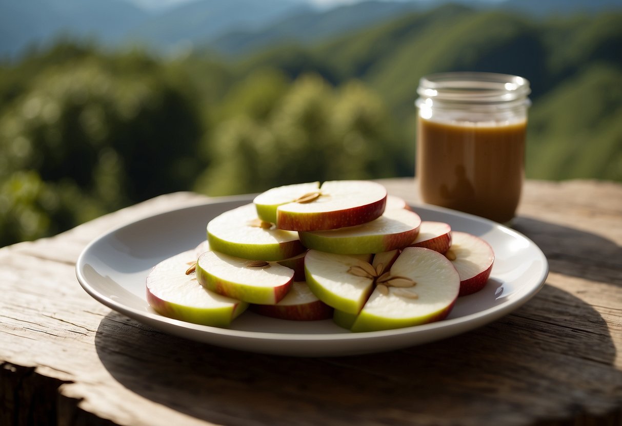 Apple slices topped with almond butter arranged on a plate, surrounded by nature and wildlife watching gear