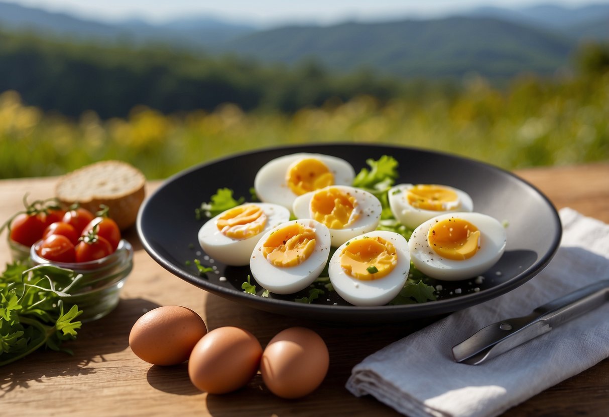 A plate of hard-boiled eggs surrounded by a variety of lightweight and nutritious meal options, set against a backdrop of nature with binoculars and a field guide