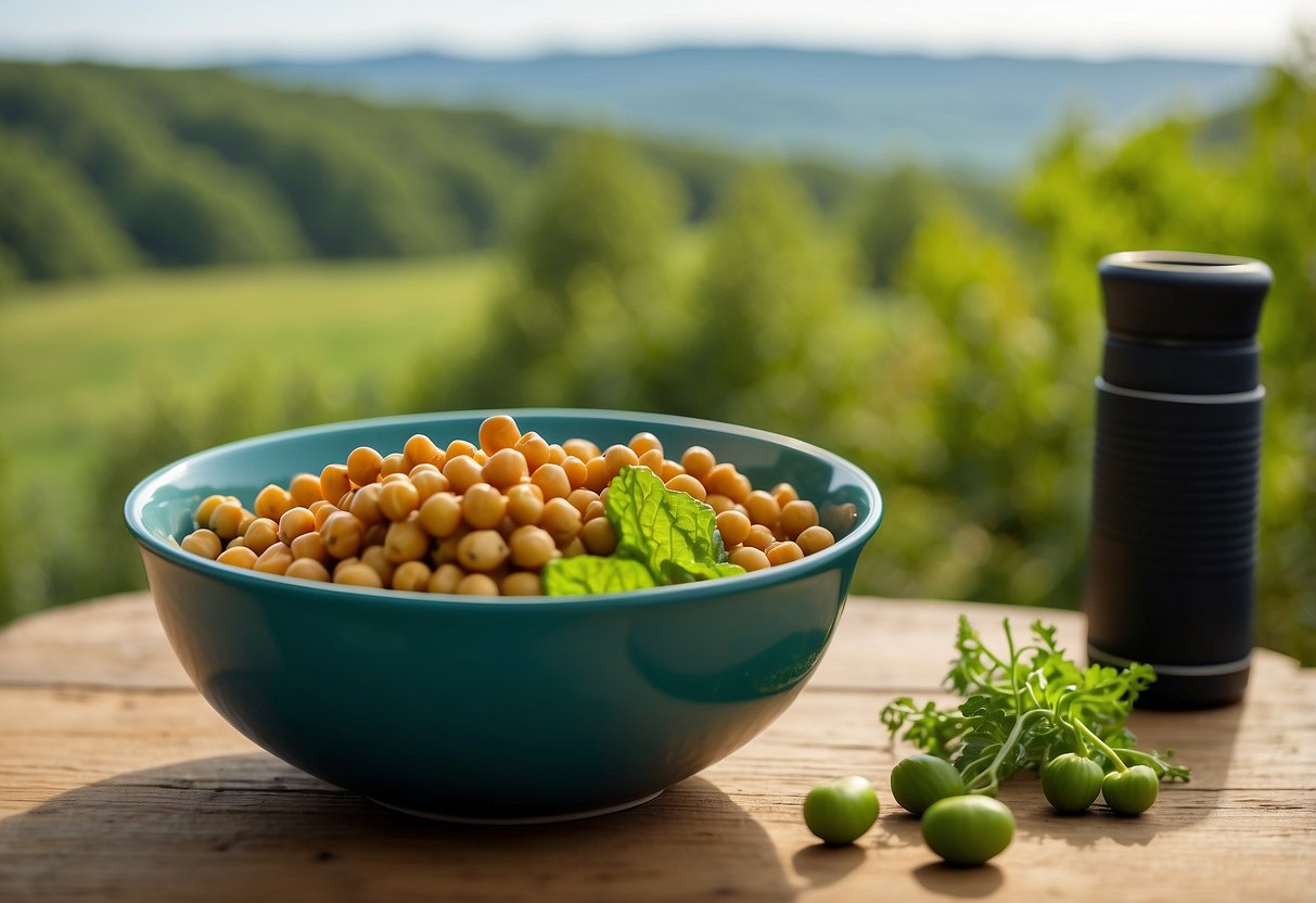 A colorful bowl filled with chickpeas, sliced cucumbers, and vibrant greens, set against a backdrop of nature with binoculars and a field guide nearby