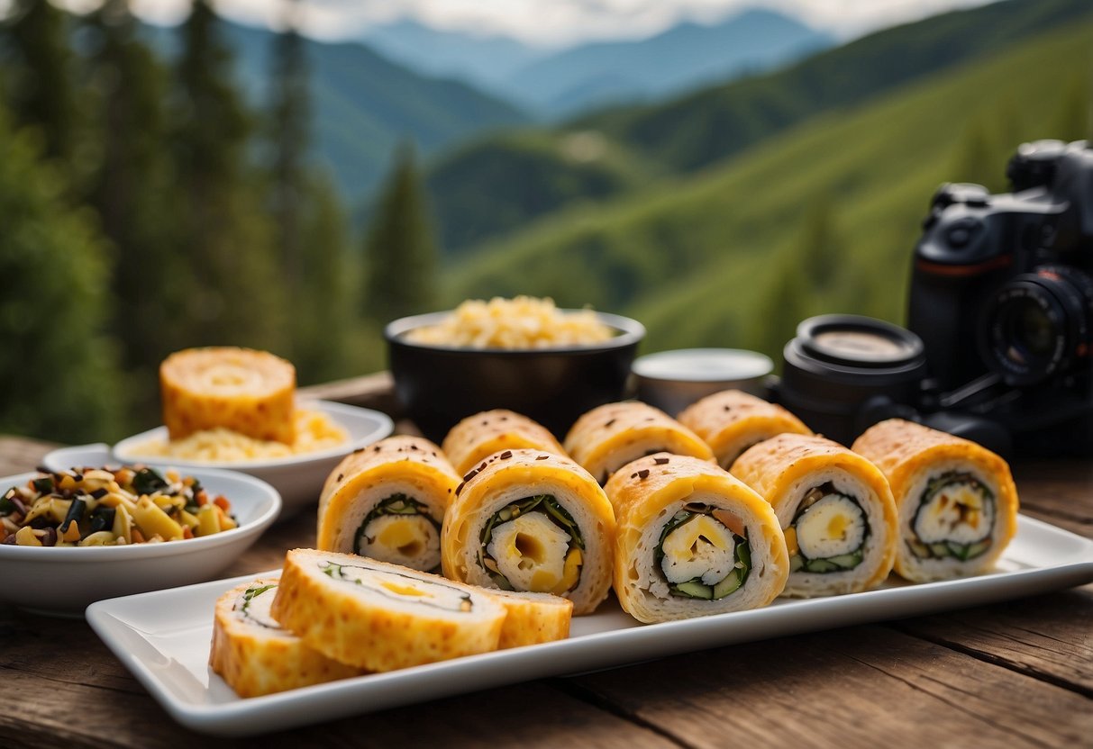 Turkey and Swiss cheese roll-ups arranged on a portable plate with a backdrop of nature and wildlife watching gear