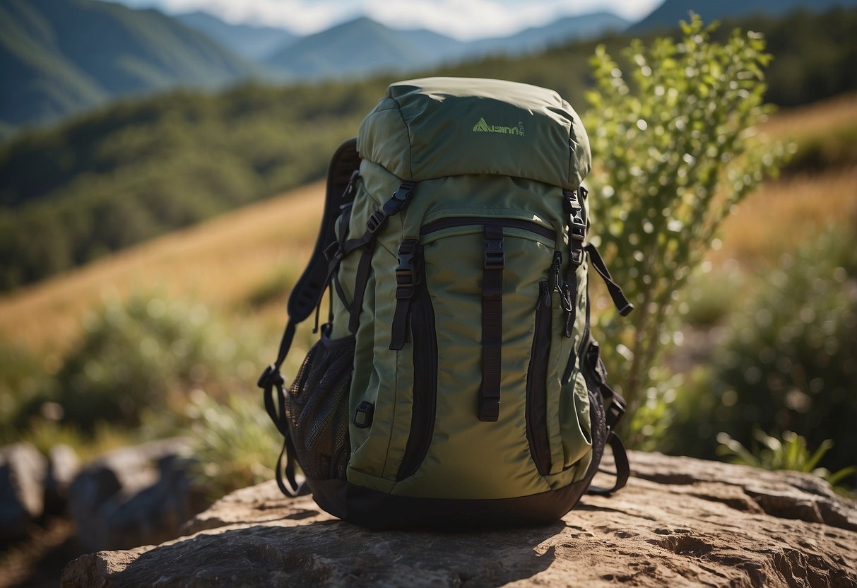 A hiker's backpack open, revealing lightweight, nutritious meals. Surrounding wildlife and lush scenery in the background