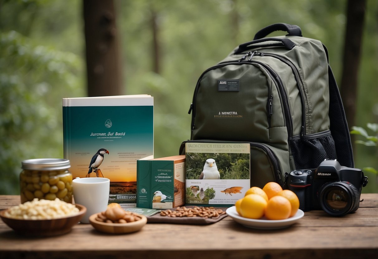 A backpack open with lightweight, nutritious meals spilling out. A binocular and wildlife guide book nearby. Trees and birds in the background