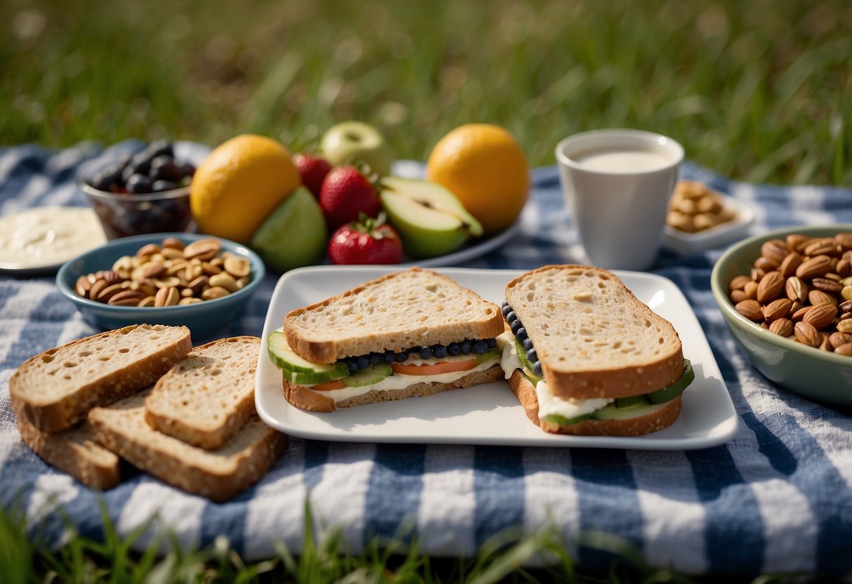 A picnic blanket spread out with a variety of lightweight, nutritious meals - fruit, nuts, sandwiches, and granola bars. A pair of binoculars and a field guide lay nearby