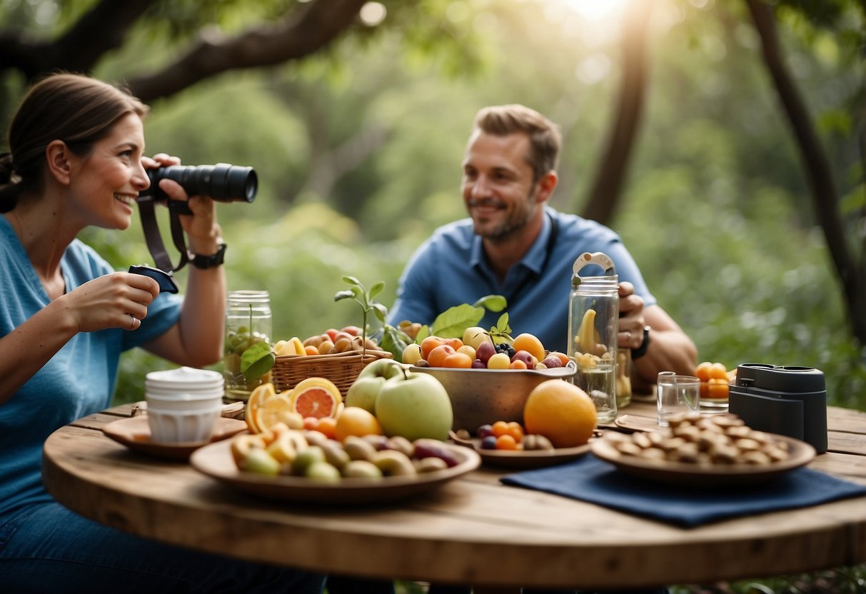 Wildlife watchers enjoy light meals and stay hydrated. Illustrate a picnic with fruits, nuts, and water bottles surrounded by binoculars and nature guides