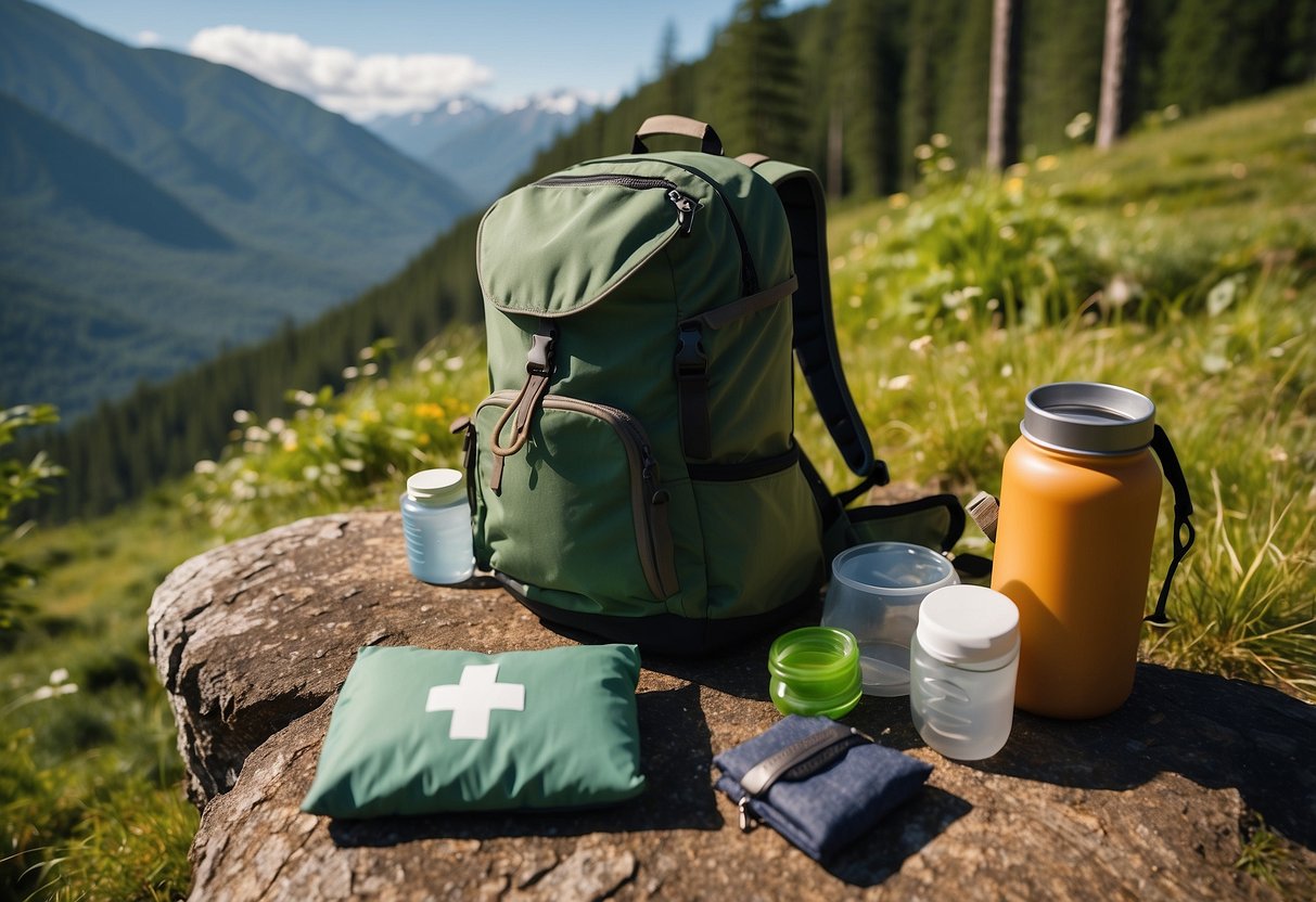 A winding trail through lush green forest, with a clear blue sky overhead. A hiker's backpack sits on the ground, filled with healthy snacks and a water bottle. A map and compass are nearby, along with a first aid kit