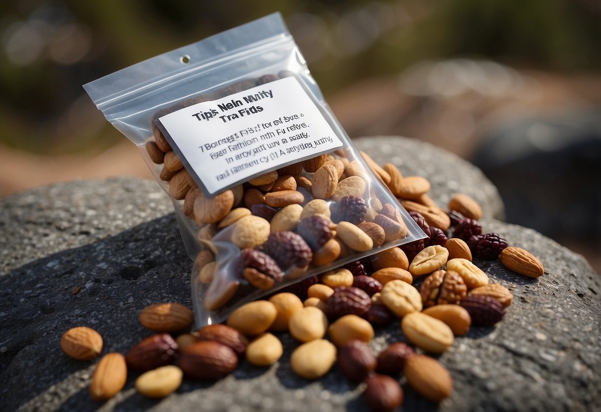 A bag of trail mix sits on a rocky trail. Nuts and dried fruits spill out. A sign nearby lists "7 Tips for Staying Healthy on the Trail."