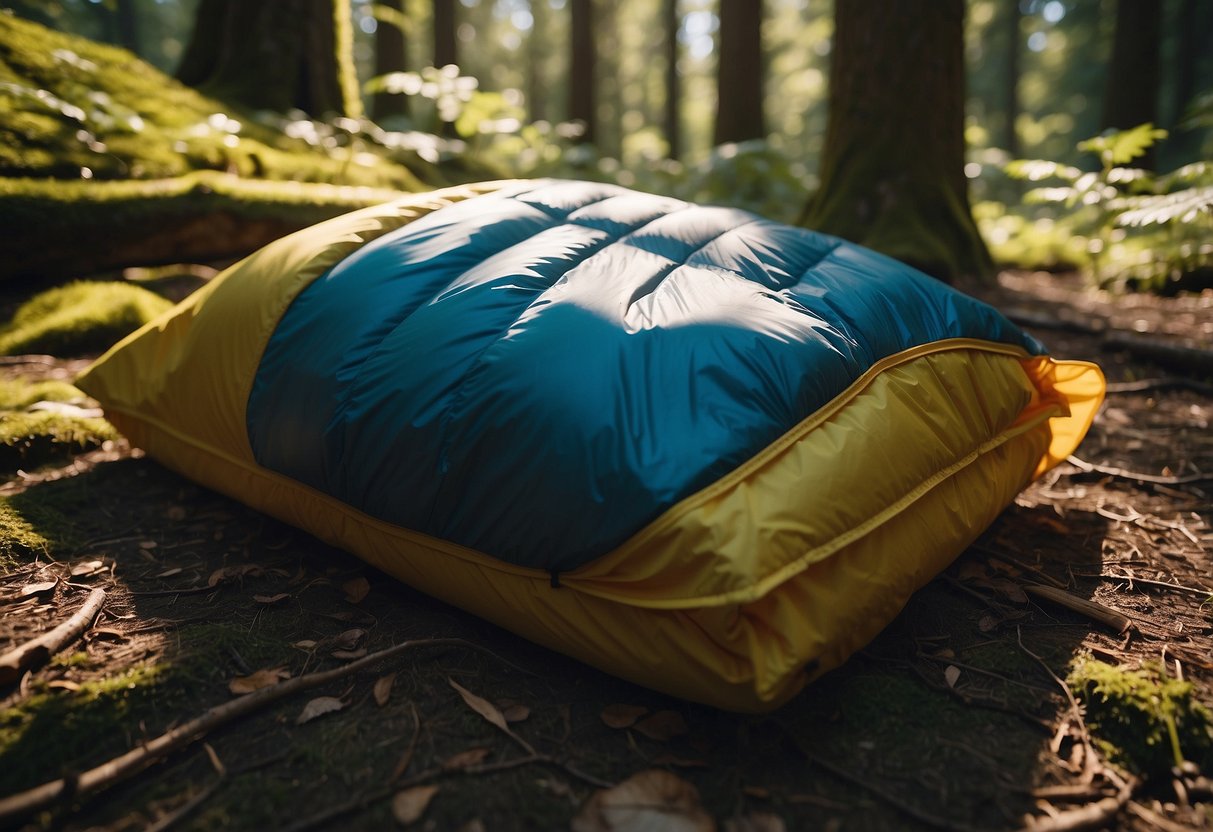 A colorful lightweight sleeping bag lies open on the forest floor, surrounded by hiking gear and a water bottle. The sun shines through the trees, casting dappled shadows on the scene