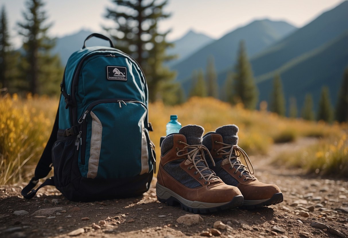 A pair of wool socks laid out next to a backpack and a water bottle on a dirt trail, surrounded by trees and mountains in the background