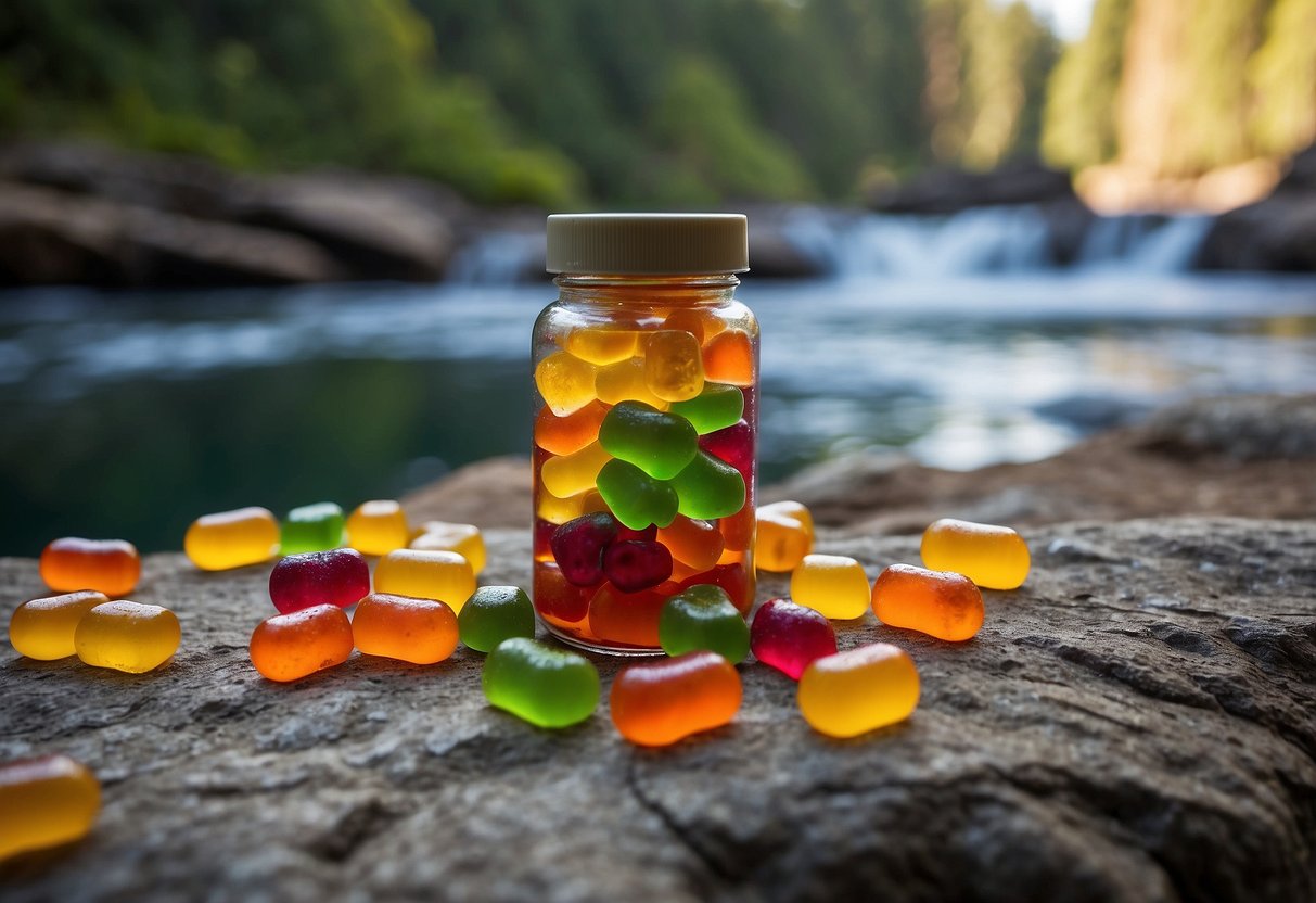 A colorful array of multivitamin gummies scattered on a rugged trail, surrounded by a water bottle, hiking boots, and a map