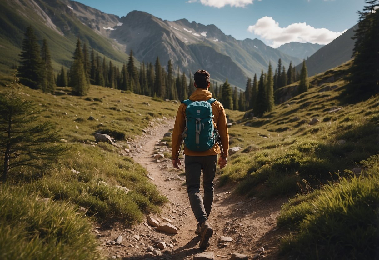 A hiker on a trail, surrounded by nature. A first aid kit, water bottle, and healthy snacks are nearby. The hiker is wearing appropriate clothing and footwear for the terrain