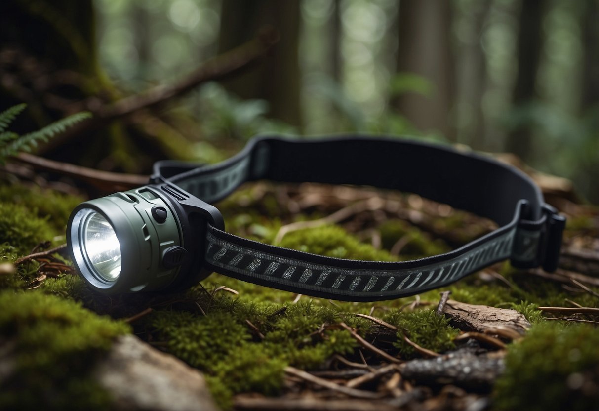 A group of lightweight headlamps arranged on a forest floor, surrounded by wildlife watching equipment and nature guides