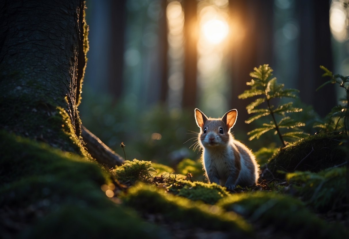 A forest clearing at dusk, with a small animal peeking out from behind a tree, illuminated by the soft glow of a Petzl Actik Core headlamp