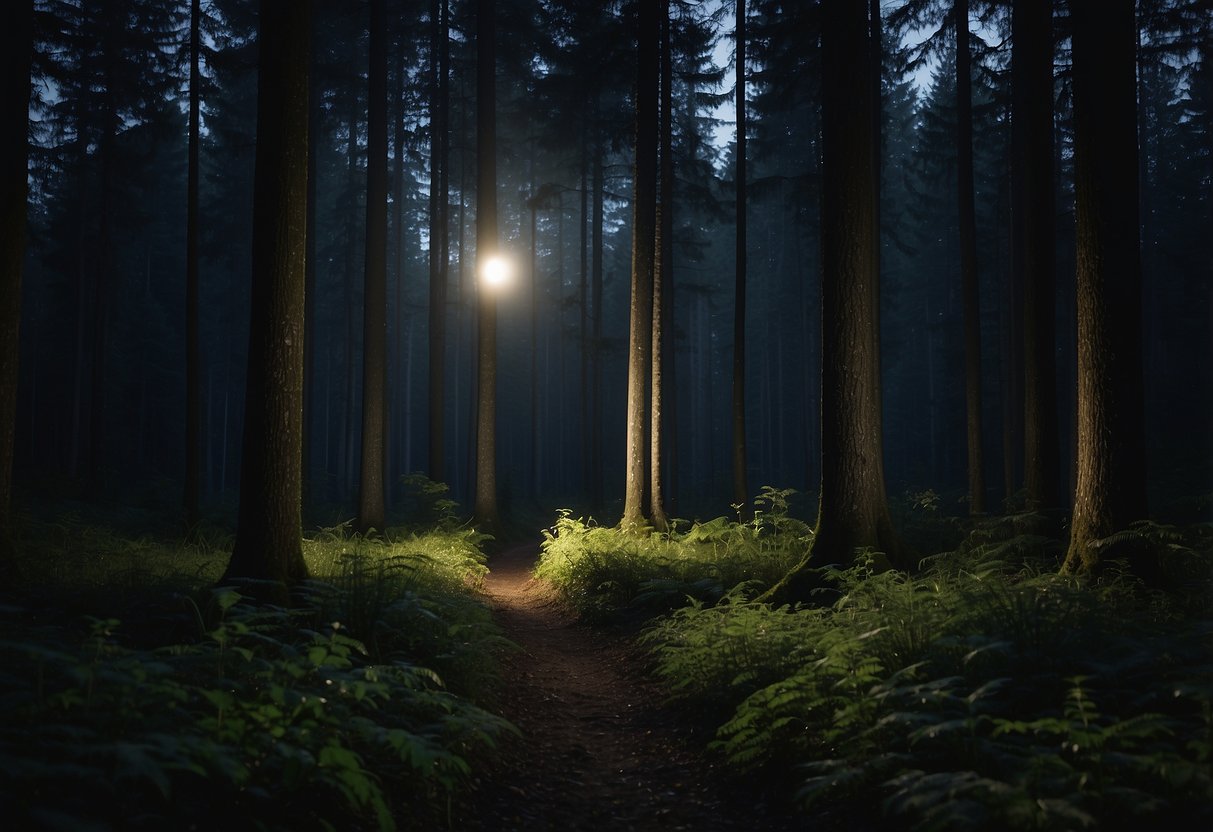 A dark forest clearing at night, with a small, lightweight headlamp illuminating the surrounding trees. Wildlife, such as deer or owls, can be seen in the distance