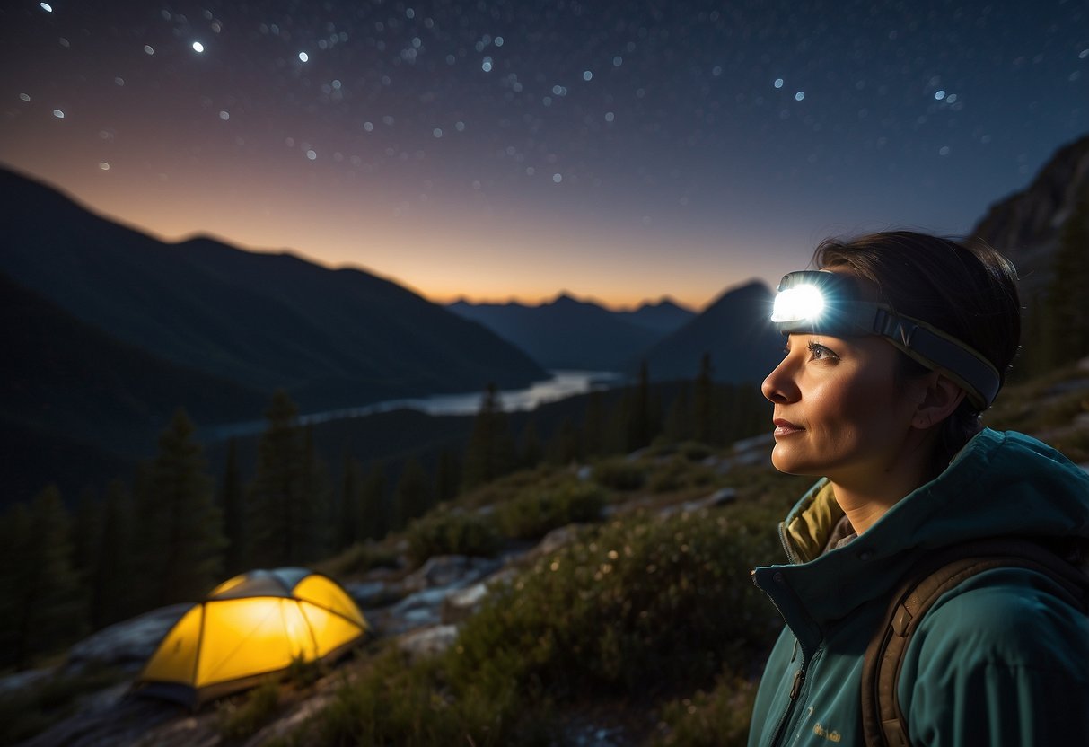 A person wearing a BioLite 330 headlamp gazes into the night, observing wildlife. The lightweight headlamp illuminates the surrounding area, creating a focused and clear view for the observer