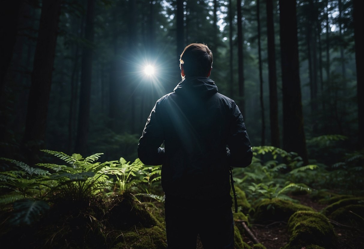 A person wearing a lightweight headlamp while observing wildlife in a dark forest. The headlamp illuminates the surroundings, allowing for clear visibility and a comfortable viewing experience