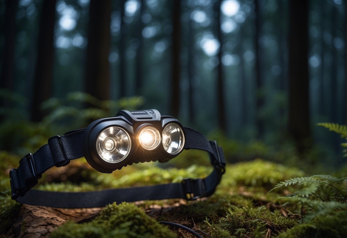 A headlamp with adjustable straps and bright LED light illuminating a forest at night, with animals such as deer and owls in the background