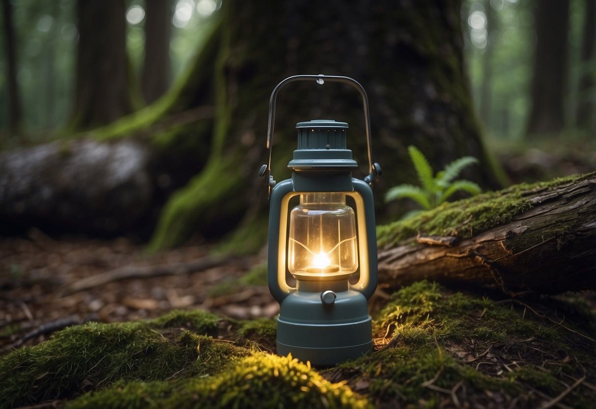 A headlamp hanging from a tree branch, with a small wildlife watching guidebook and a bottle of bug spray laid out on the forest floor