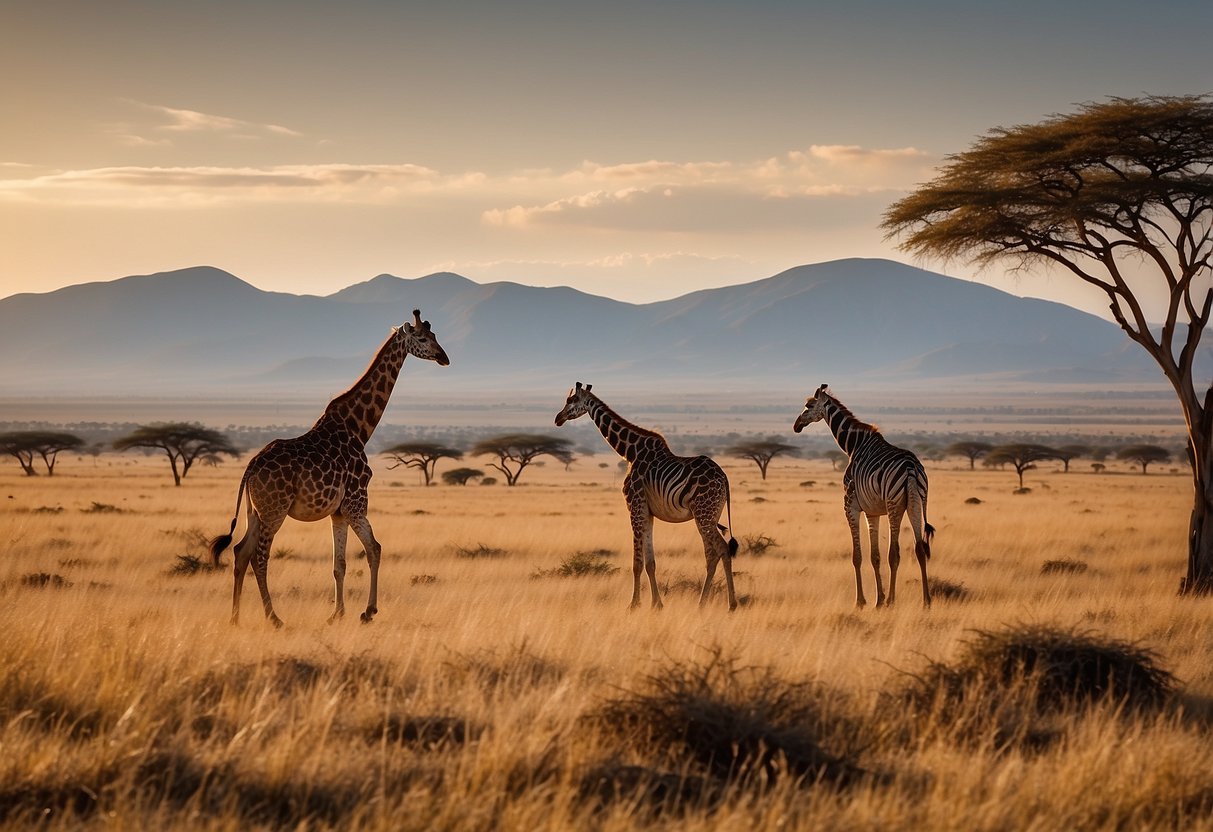 Vast savannah with grazing giraffes, zebras, and elephants. Acacia trees dot the landscape as a pride of lions lazes in the sun. A distant mountain range frames the horizon