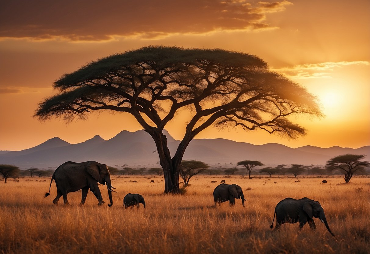 African savannah with grazing elephants, giraffes, and zebras under the golden sunset, with acacia trees and distant mountains