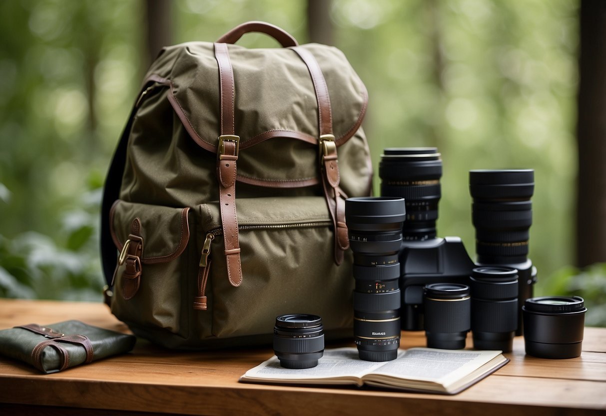 A backpack with binoculars, camera, and lightweight gear laid out on a table, surrounded by nature guidebooks and a map