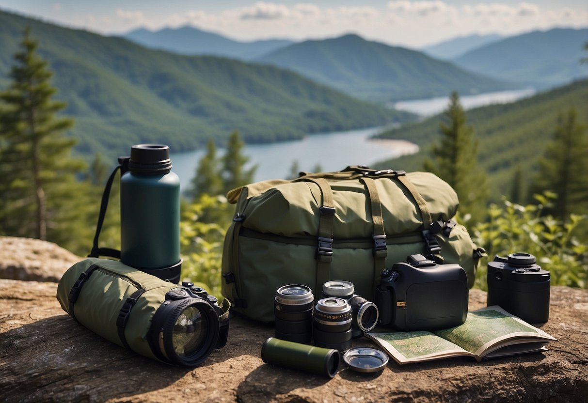 A lightweight sleeping bag rests next to binoculars and a camera, surrounded by a backpack, water bottle, and a map. The scene is set in a natural wildlife watching environment