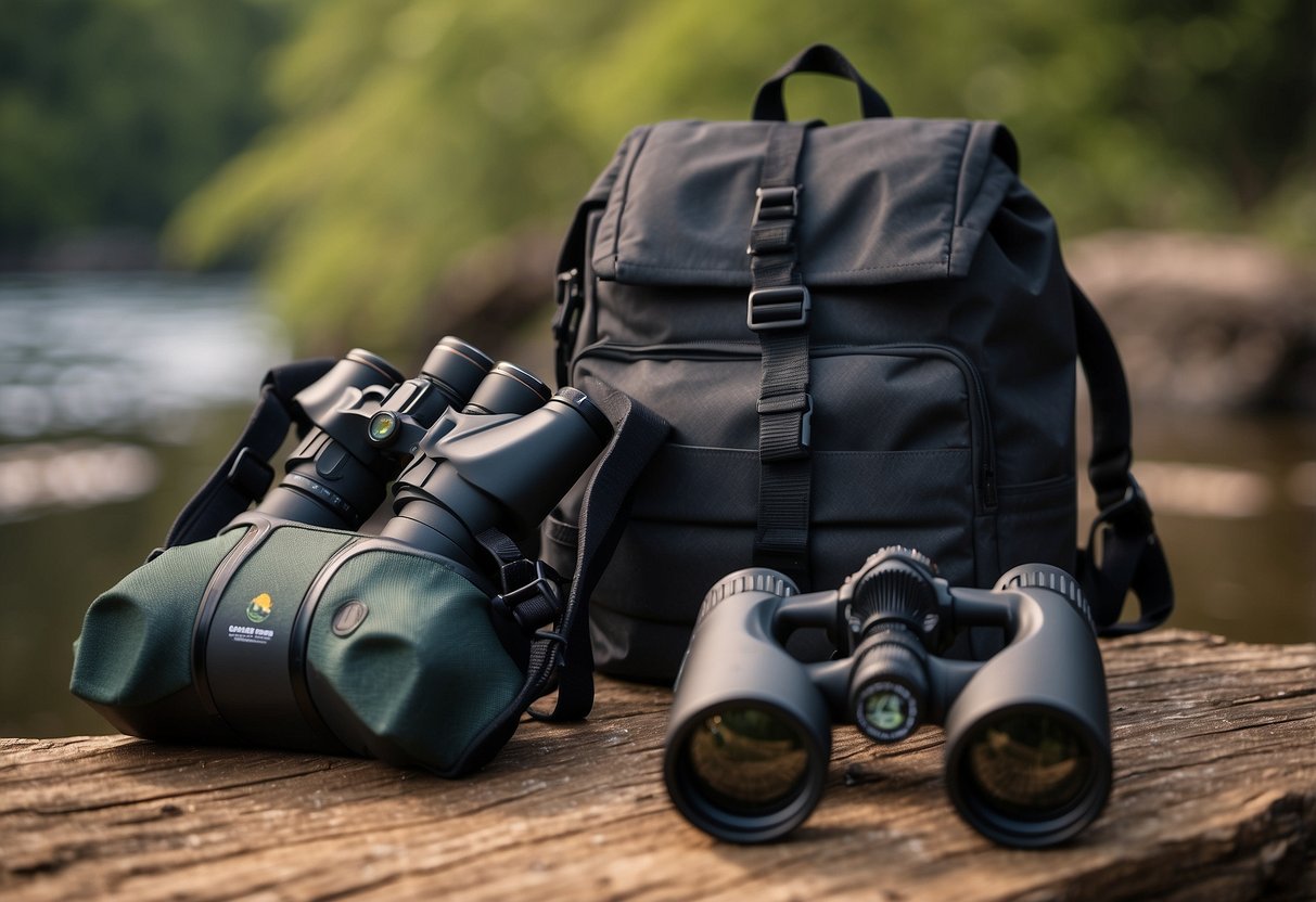 Compact binoculars lay next to a lightweight backpack with wildlife watching gear. A checklist of tips for reducing pack weight is visible