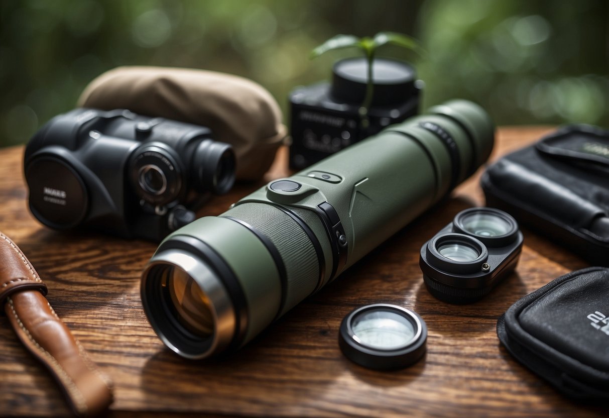 A multi-tool with a knife, binoculars, and other lightweight gear laid out on a table for a wildlife watching trip