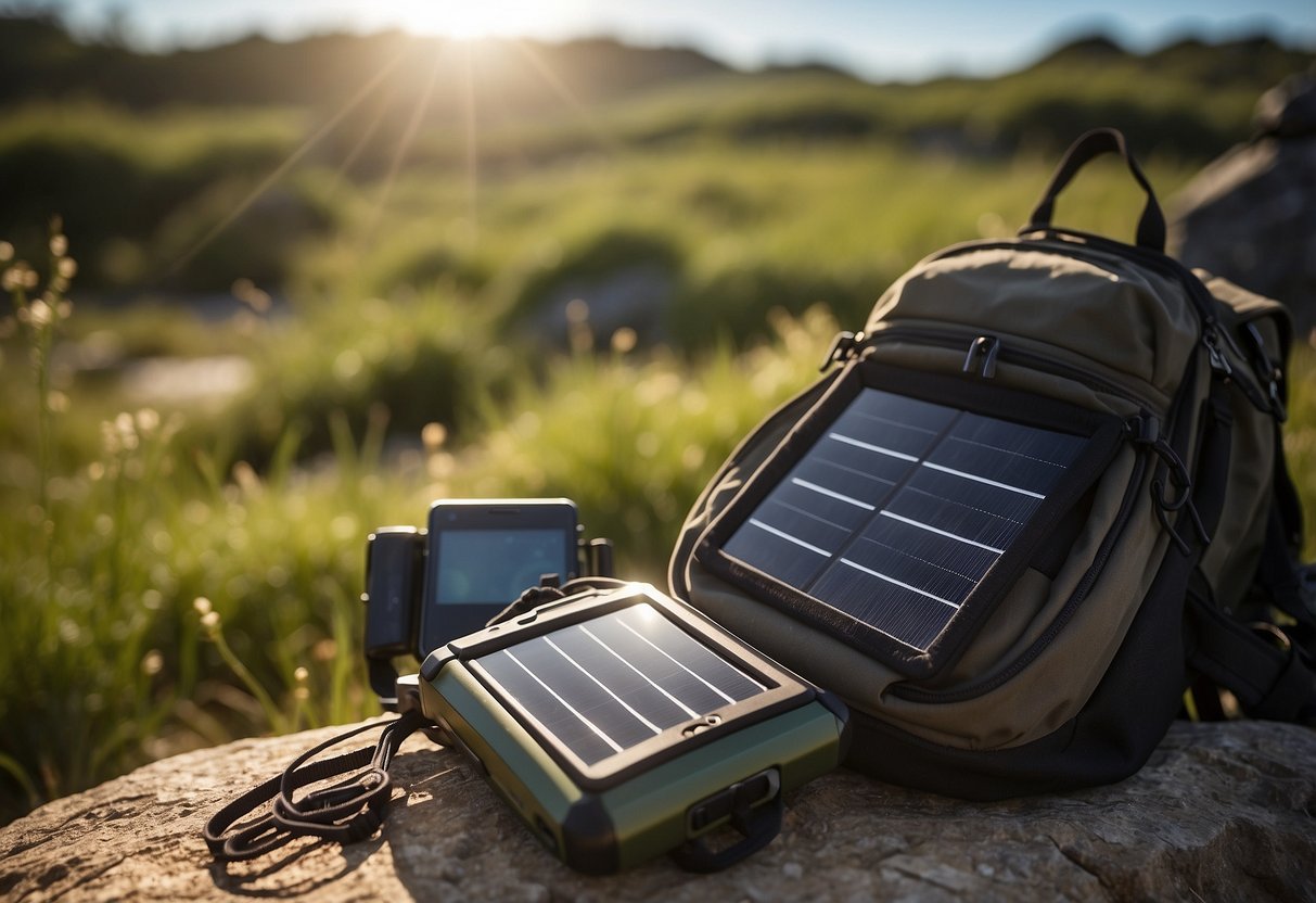 A portable solar charger sits next to a backpack, surrounded by lightweight wildlife watching gear. The sun shines down on the scene, highlighting the efficiency of the charger for outdoor adventures