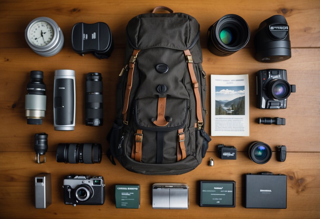 A backpack with camera gear, binoculars, and field guide laid out on a table. A scale shows the weight as various items are removed