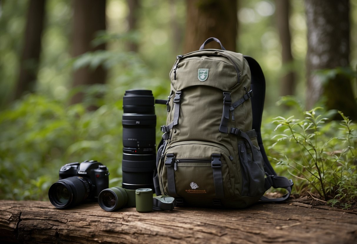 A backpack sits open on the ground, filled with lightweight gear such as binoculars, a camera, and a water bottle. A checklist of items for wildlife watching trips is visible nearby