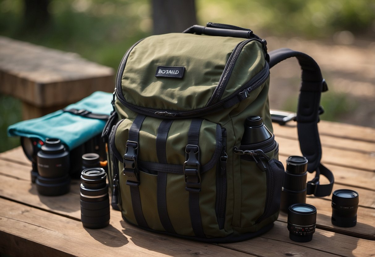 A backpack with binoculars, camera, and lightweight gear laid out on a table. A checklist and map are nearby. Outdoor scenery in the background