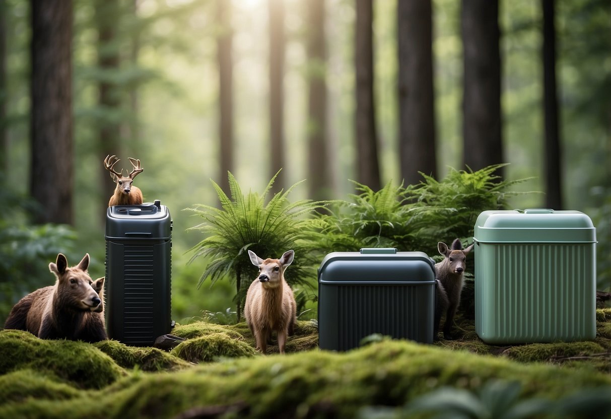 Lush forest setting with a variety of wildlife, including birds, deer, and bears, surrounding a collection of high-quality coolers