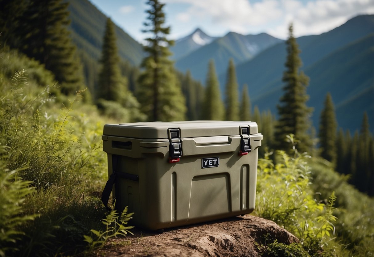 A rugged YETI Tundra Haul cooler sits in the wild, surrounded by lush greenery and wildlife. The wheeled design makes it easy to transport, perfect for wildlife watching adventures