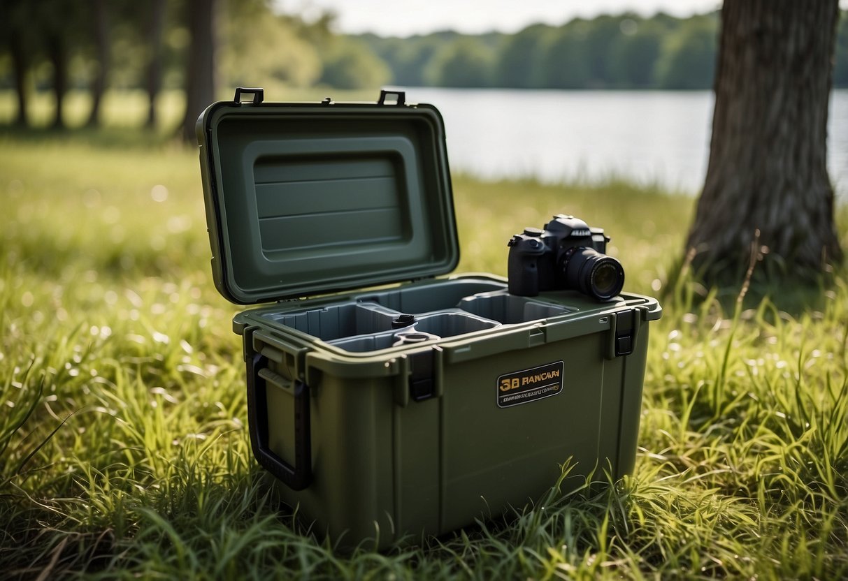 A Pelican Elite Cooler sits open in a grassy clearing, surrounded by trees. A binocular and camera are nearby, capturing wildlife in the distance