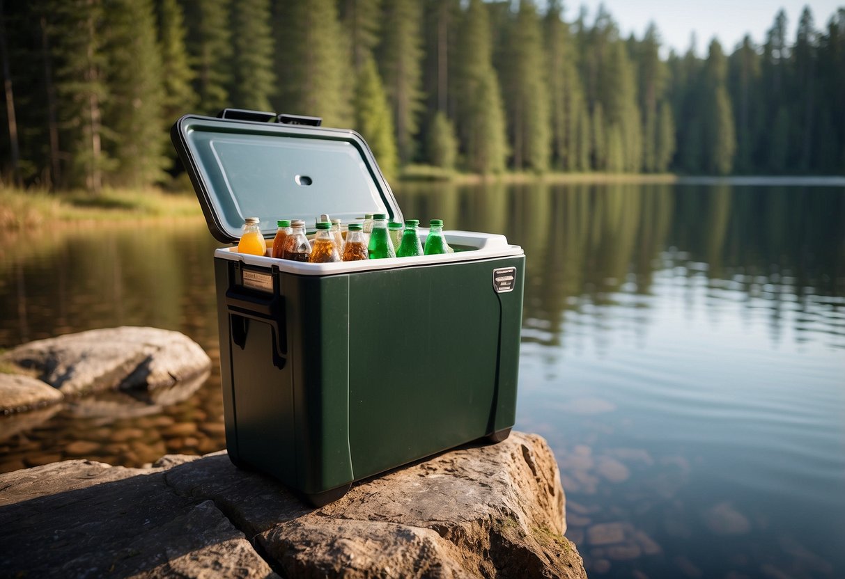 A wildlife cooler sits by a tranquil lake, surrounded by dense forest. It is filled with cold drinks and snacks, ready for a long day of wildlife watching