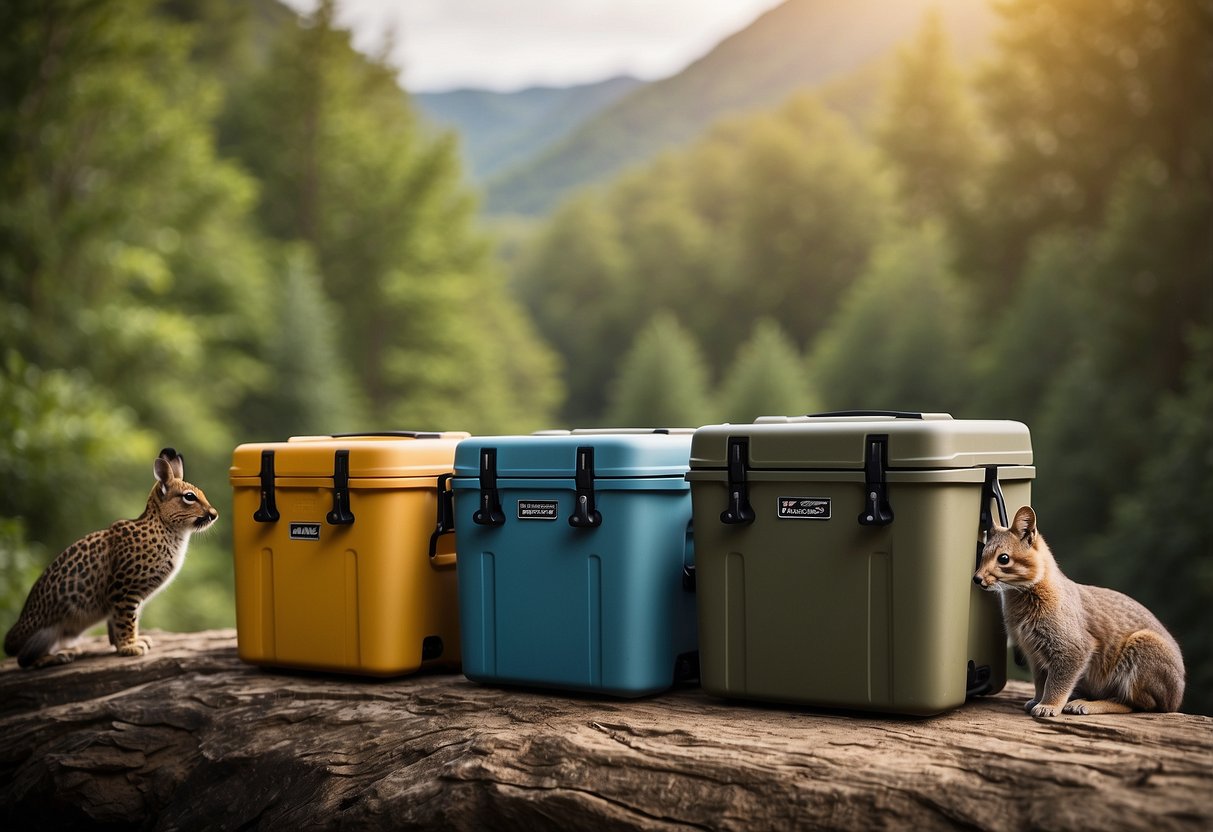 A group of wildlife watching coolers, featuring durable construction, insulated interiors, and camouflage designs, set against a natural outdoor backdrop