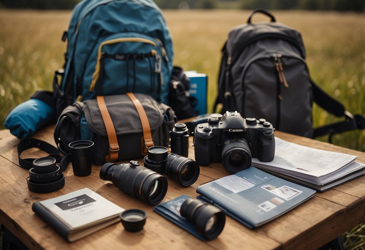 A person setting up binoculars on a tripod, surrounded by field guides, maps, and a notebook. Nearby, a backpack is packed with water, snacks, and a camera