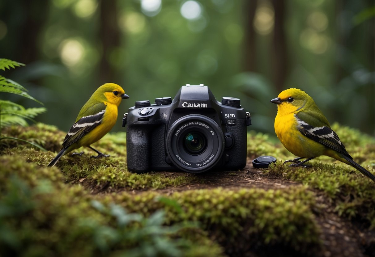 Lush forest with diverse animals in natural habitat. Binoculars, camera, and field guide lay nearby. Bird feeders attract colorful songbirds