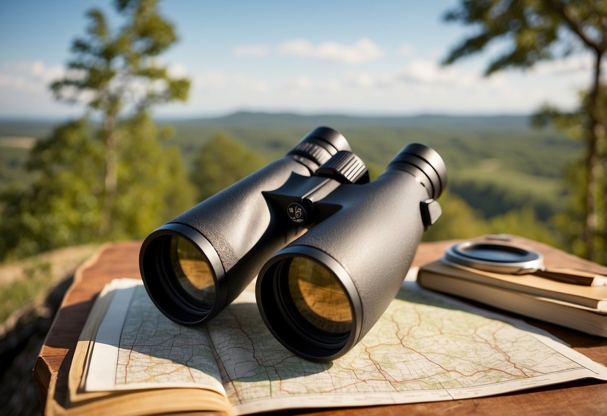 A pair of high-quality binoculars rests on a sturdy tripod, surrounded by a map, field guide, and notebook. The scene is set in a natural, outdoor setting, with trees and wildlife in the background