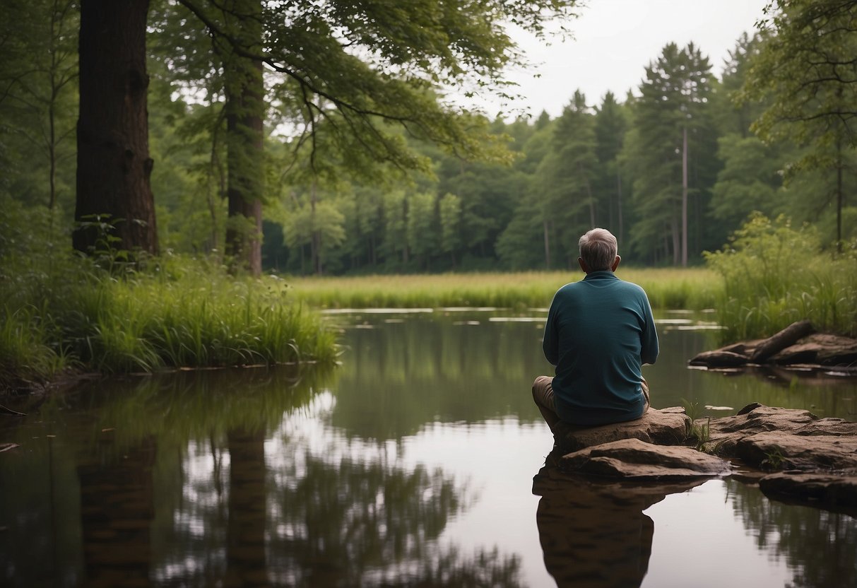 A serene forest clearing with a still pond, surrounded by lush greenery and wildlife. A patient observer sits quietly, binoculars in hand, waiting for a glimpse of elusive animals