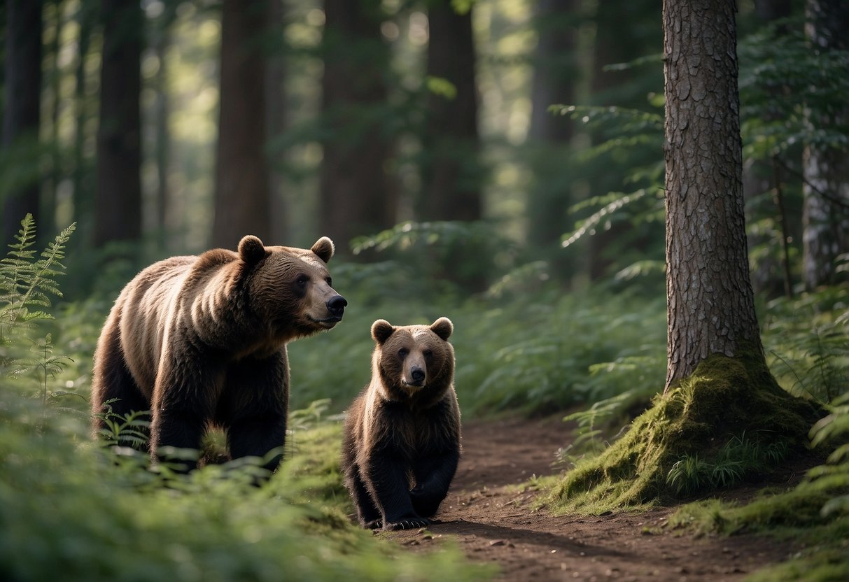 A bear and her cubs roam freely in a lush forest, while a sign nearby reminds visitors to respect wildlife boundaries