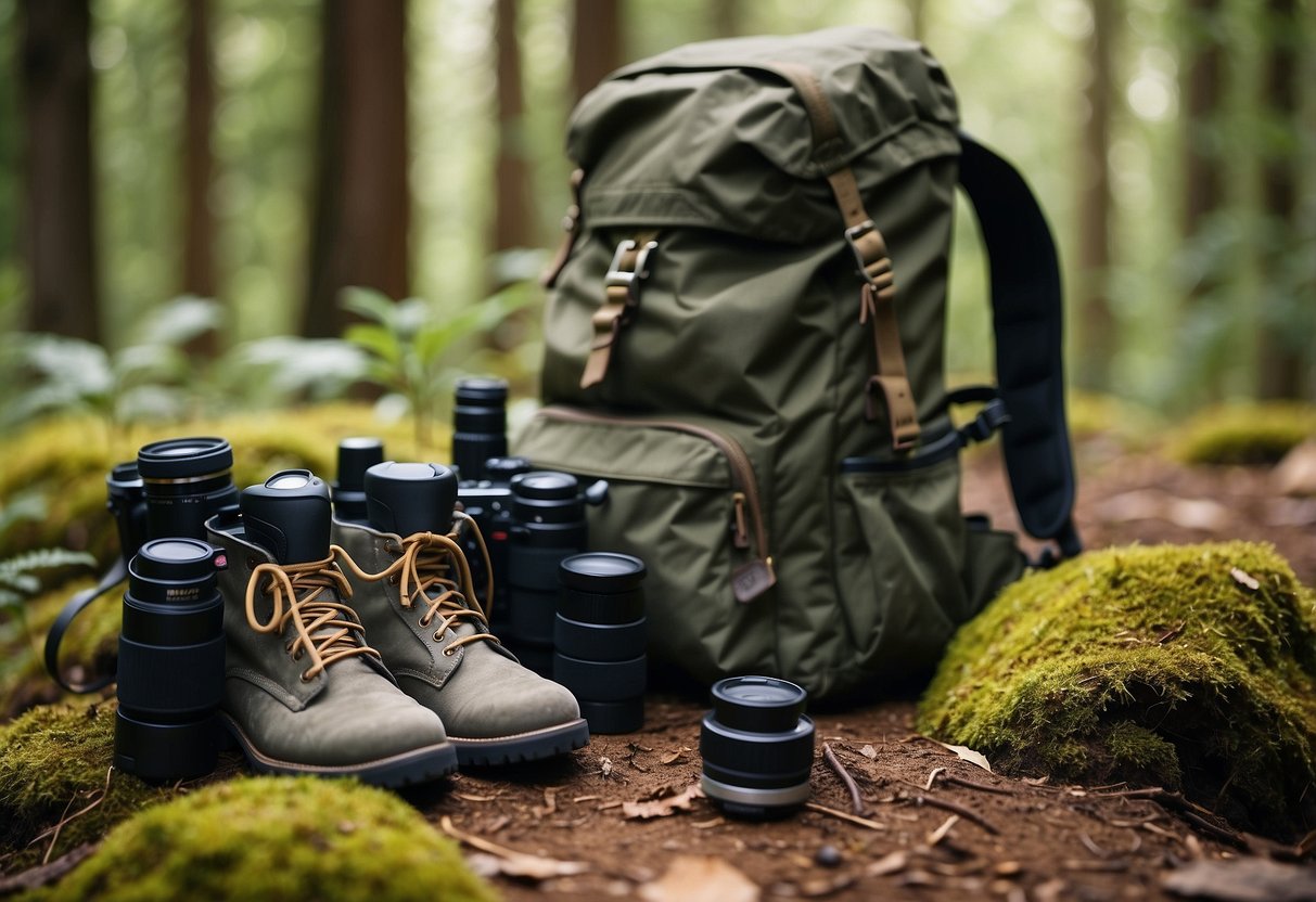 A backpack filled with binoculars, camera, map, and water bottle lies on a forest floor. A pair of hiking boots and a hat are placed next to it